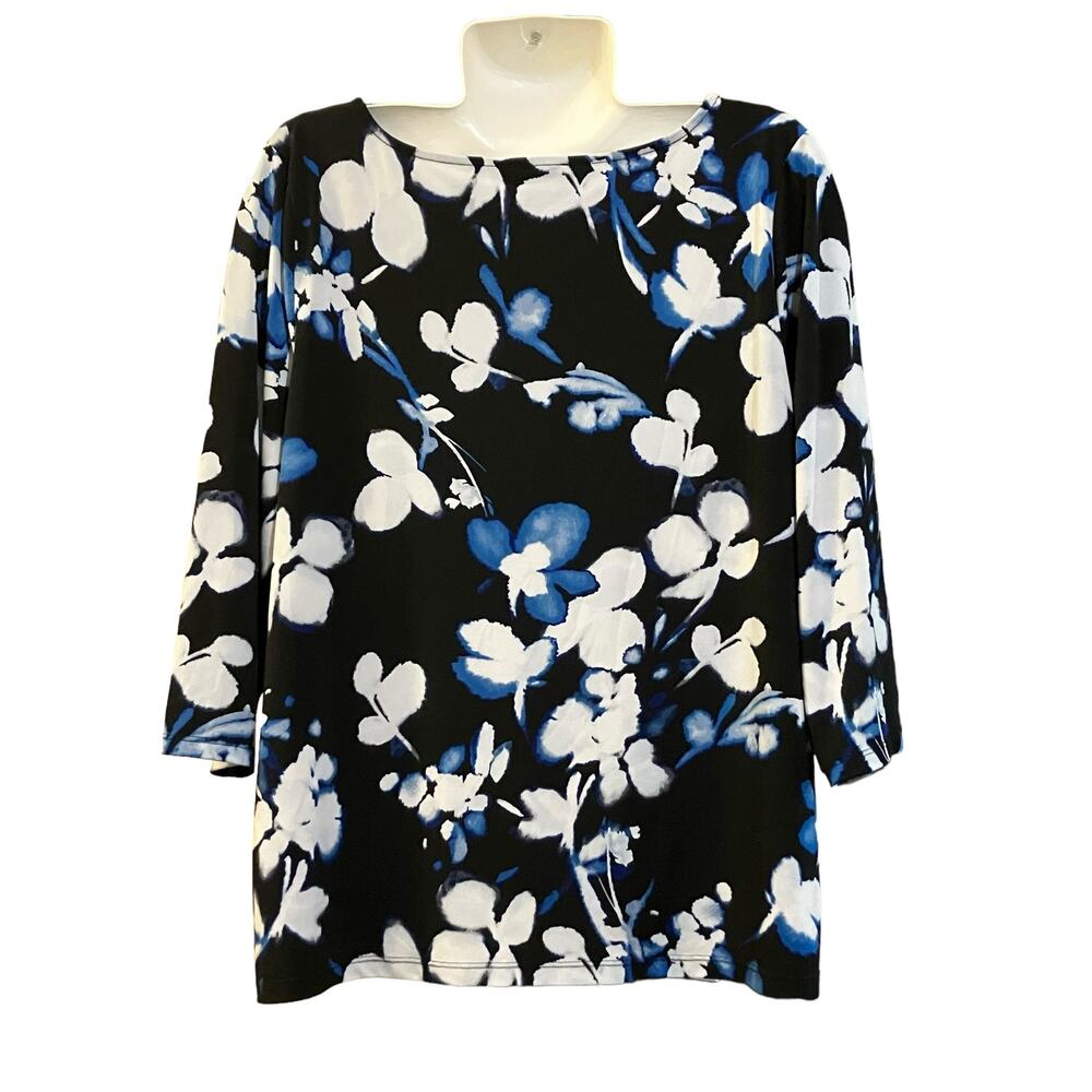 Calvin Klein Women's Black W Blue/White Floral Print 3/4 Sleeve Blouse | Size 1X - Picture 2 of 10